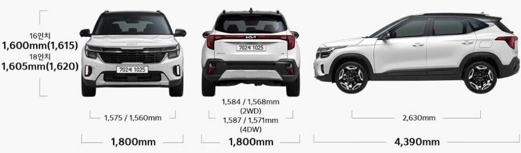 2025 셀토스 1.6 가솔린 터보 전장, 전폭, 전고, 축간거리, 윤거 전후 제원
