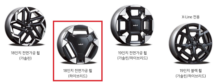 2026 카니발 3.5 가솔린, 하이브리드 18인치 전면가공 휠, 19인치 전면 가공 휠, 19인치 블랙 휠 디자인