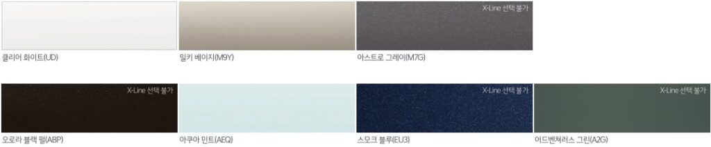 2026 레이 클리어 화이트(UD), 밀키 베이지(M9Y), 아스트로 그레이(M7G), 오로라 블랙 펄(ABP), 아쿠아 민트(AEQ), 스모크 블루(EU3) 어드벤쳐러스 그린(A2G) 외장 컬러