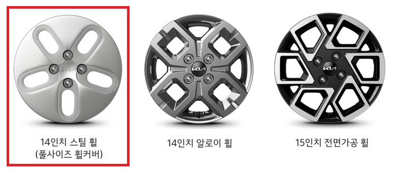 2026 레이 14인치 스틸 휠(풀사이즈 휠커버), 14인치 알로이 휠, 15인치 전면가공 휠 디자인