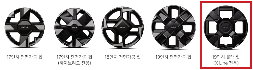 2026 스포티지 17인치 전면가공 휠, 하이브리드 전용 17인치 전면가공 휠, 18인치 전면가공 휠, 19인치 전면가공 휠, X-Line 전용 19인치 블랙 휠 디자인