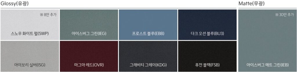 EV5 롱레인지 스노우 화이트 펄, 아이스버그 그린, 프로스트 블루, 다크 오션 블루, 아이보리 실버, 마그마 레드, 그래비티 그레이, 퓨전 블랙, 아이스버그 매트 그린 외장 컬러
