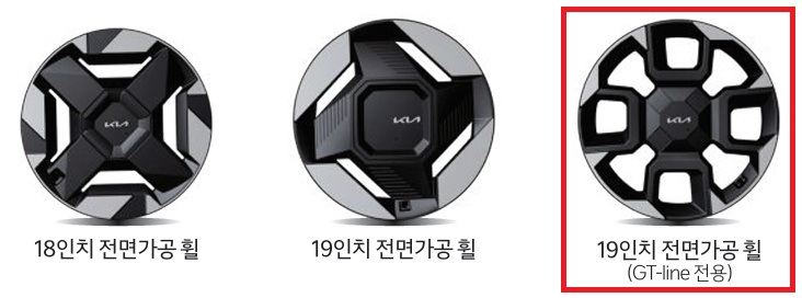 EV5 롱레인지 18인치 전면가공 휠, 19인치 전면가공 휠, GT-line 전용 19인치 전면가공 휠 디자인
