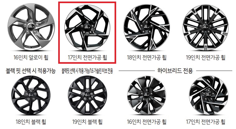 2025 K5 16인치 알로이 휠, 16인치 전면가공 휠, 17인치 전면가공 휠, 18인치 전면가공 휠, 18인치 블랙 휠, 19인치 전면가공  휠, 19인치 블랙 휠 디자인