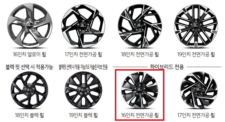 2026 K5 16인치 알로이 휠, 17인치 전면가공 휠, 18인치 전면가공 휠, 19인치 전면가공 휠, 18인치 블랙 휠, 19인치 블랙 휠, 하이브리드 전용 16인치 전면가공 휠, 17인치 전면가공 휠 디자인