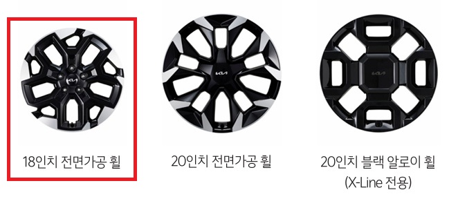 2026 쏘렌토 2.2 디젤 18인치 전면가공 휠, 20인치 전면가공 휠, X-Line 전용 20인치 블랙 알로이 휠