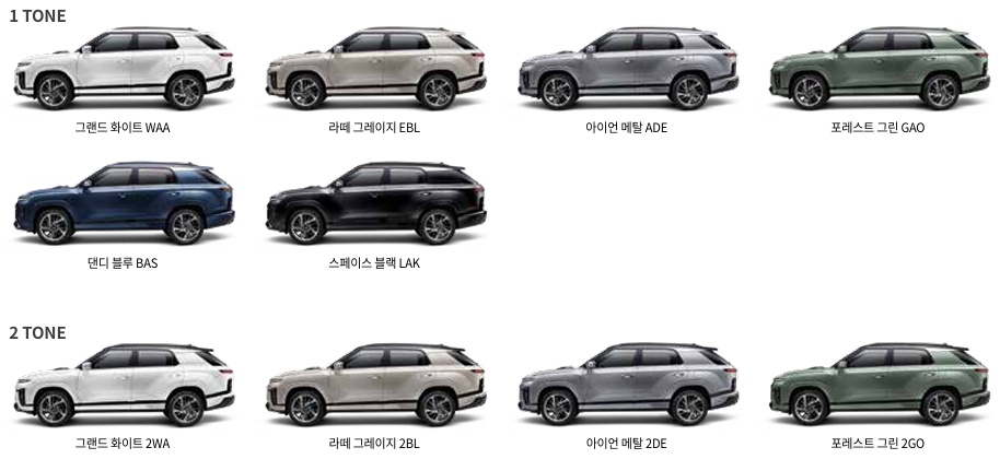액티언 가솔린 그랜드 화이트(WAA), 라떼 그레이지(EBL), 아이언 메탈(ADE), 포레스트 그린(GAO), 댄디 블루(BAS), 스페이스 블랙(LAK) 외장 컬러