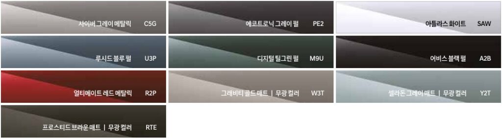 2025 아이오닉 5 사이버 그레이 메탈릭(C5G), 에코트로닉 그레이 펄(PE2), 아틀라스 화이트(SAW), 루시드 블루 펄(U3P), 디지털 틸그린 펄(M9U), 어비스 블랙 펄(A2B), 얼티메이트 레드 메탈릭(R2P), 그래비티 골드 매트(W3T), 셀라돈 그레이 매트(Y2T), 프로스티드 브라운 매트(RTE) 외장 컬러
