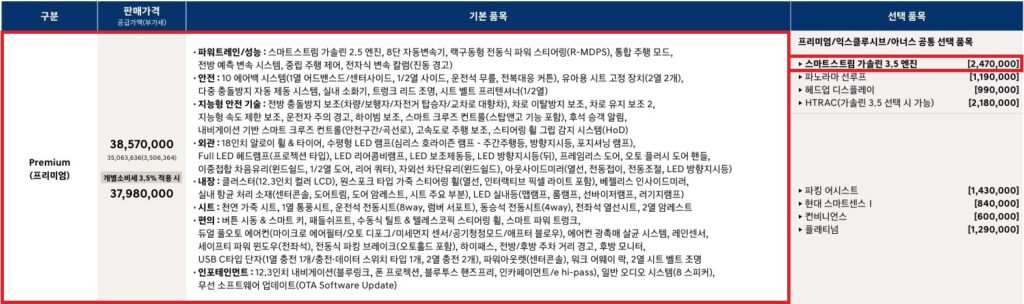 2026 그랜저 가솔린 3.5 프리미엄 가격표