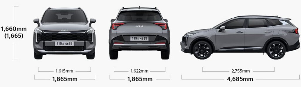 2026 스포티지 전장, 전폭, 전고, 축거, 윤거 전후 제원