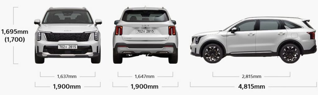 2026 쏘렌토 2.2 디젤 전장, 전폭, 전고, 축거, 윤거 전후 제원