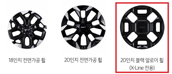 2026 쏘렌토 2.5 가솔린 터보 18인치 전면가공 휠, 20인치 전면가공 휠, X-Line 전용 20인치 블랙 알로이 휠 디자인