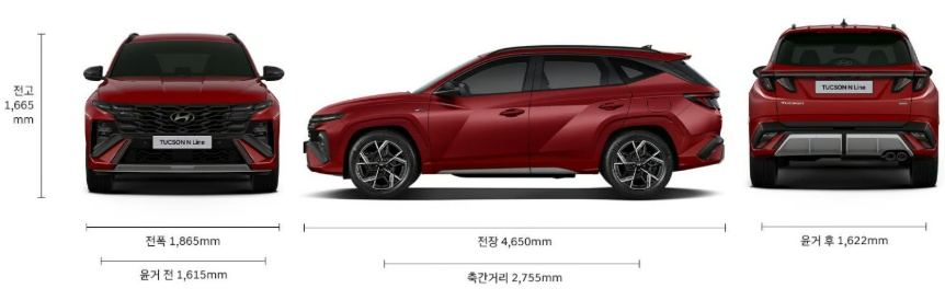 2026 투싼 가솔린 1.6 터보 전장, 전폭, 전고, 축간거리, 윤거 전후 제원