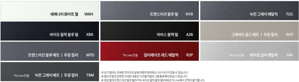 더 뉴 아이오닉 6 세레니티 화이트 펄(W6H), 트랜스미션 블루 펄(NY9), 녹턴 그레이 메탈릭(T2G), 바이오 필릭 블루 펄(XB9), 어비스 블랙 펄(A2B), 그래비티 골드 매트(W3T), 트랜스미션 블루 매트(M7D), 얼티메이트 레드 메탈릭(R2P), 에어로 실버 메탈릭(T4A), 녹턴 그레이 매트(T9M) 외장 컬러