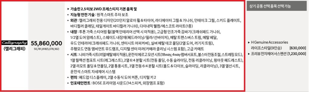 디 올 뉴 팰리세이드 가솔린 2.5 터보 9인승 캘리그래피 트림 가격표