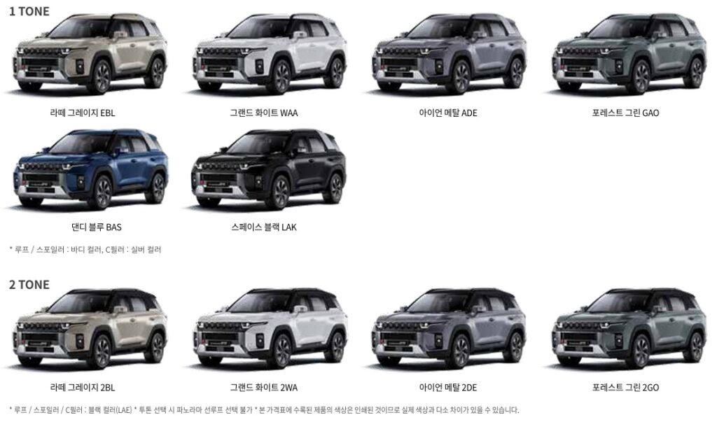 토레스 하이브리드 라떼 그레이지(EBL), 그랜드 화이트(WAA), 아이언 메탈(ADE), 포레스트 그린(GAO), 댄디 블루(BAS), 스페이스 블랙(LAK), 블랙 + 라떼 그레이지(2BL), 블랙 + 그랜드 화이트(2WA), 블랙 + 아이언 메탈(2DE), 블랙 + 포레스트 그린(2GO) 외장 컬러