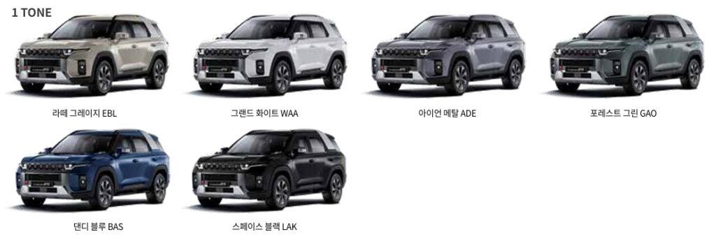 토레스 하이브리드 라떼 그레이지(EBL), 그랜드 화이트(WAA), 아이언 메탈(ADE), 포레스트 그린(GAO), 댄디 블루(BAS), 스페이스 블랙(LAK) 외장 컬러