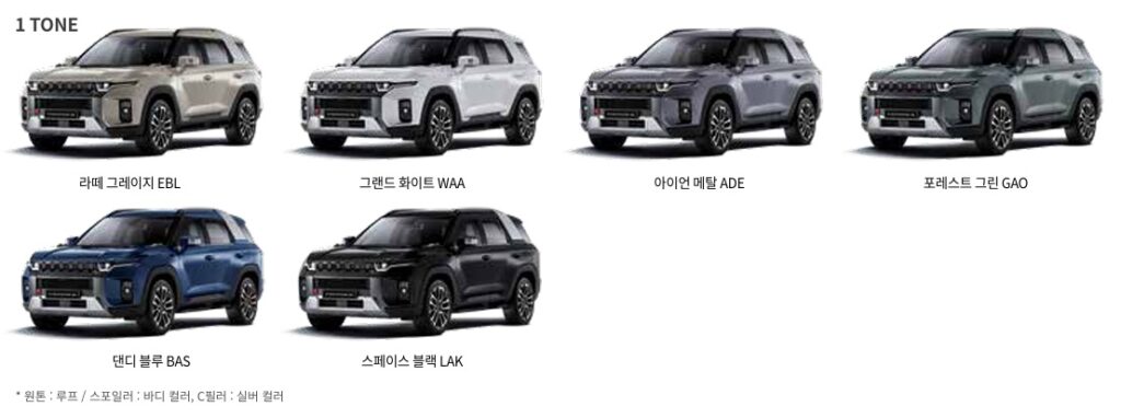 토레스 가솔린 1.5 터보 라떼 그레이지(EBL), 그랜드 화이트(WAA), 아이언 메탈(ADE), 포레스트 그린(GAO), 댄디 블루(BAS), 스페이스 블랙(LAK) 외장 컬러