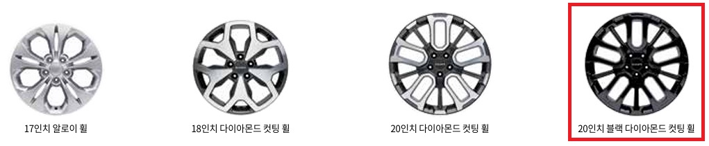 토레스 가솔린 1.5 터보 17인치 알로이 휠, 18인치 다이아몬드 컷팅 휠, 20인치 다이아몬드 컷팅 휠, 20인치 블랙 다이아몬드 컷팅 휠 디자인