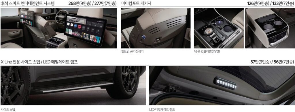 2026 카니발 하이브리드 후석 스마트 엔터테인먼트 시스템, 마이컴포트 패키지, X-Line 전용 사이드 스텝/LED 테일게이트 램프 순정 액세서리