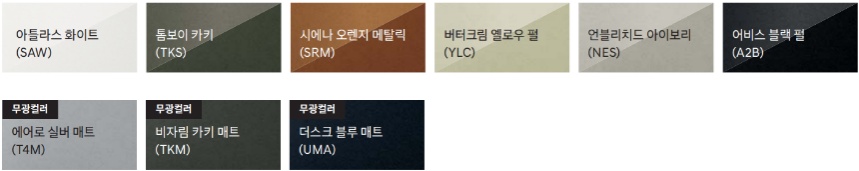 2026 캐스퍼 일렉트릭 아틀라스 화이트(SAW), 톰보이 카키(TKS), 시에나 오렌지 메탈릭(SRM), 버터크림 옐로우 펄(YLC), 언블리치드 아이보리(NES), 어비스 블랙 펄(A2B), 에어로 실버 매트(T4M), 비자림 카키 매트(TKM), 더스크 블루 매트(UMA) 외장 컬러