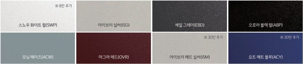 EV4 스노우 화이트 펄(SWP), 아이보리 실버(ISG), 셰일 그레이(EBD), 오로라 블랙 펄(ABP), 모닝 헤이즈(ACW), 마그마 레드(OVR), 아이보리 매트 실버(ISM), 요트 매트 블루(ACY) 외장 컬러