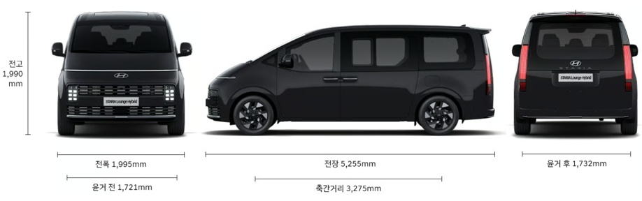 더 뉴 스타리아 하이브리드 라운지 전장, 전폭, 전고, 축거, 윤거 전후 제원