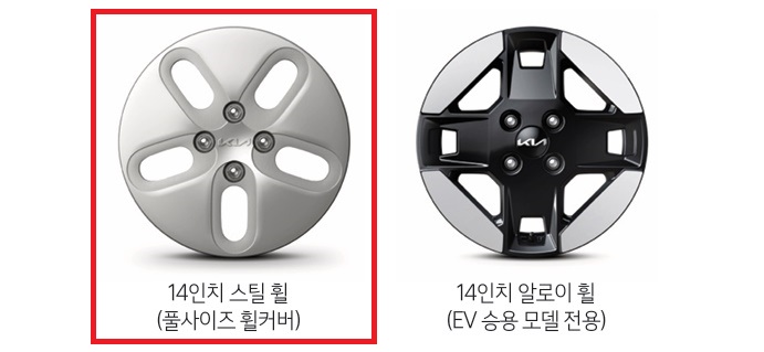2026 레이 EV 14인치 스틸 휠, 14인치 알로이 휠 디자인