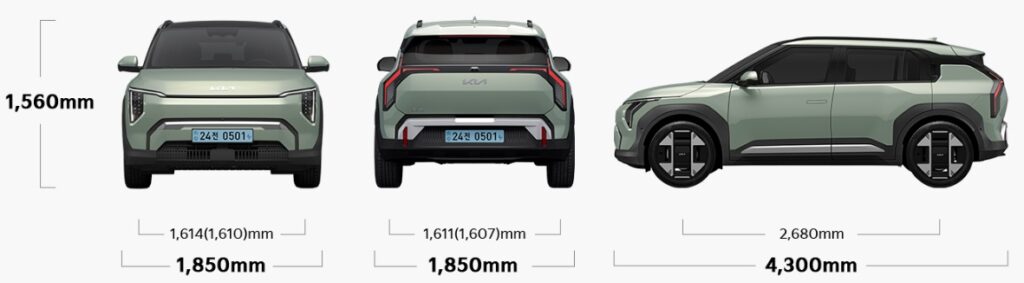 EV3 전장, 전폭, 전고, 축거, 윤거 전후 제원