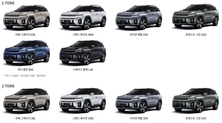 토레스 EVX 라떼 그레이지, 그랜드 화이트, 아이언 메탈, 포레스트 그린, 댄디 블루, 스페이스 블랙 원톤 유광 컬러, 블랙 + 라떼 그레이지, 블랙 + 그랜드 화이트, 블랙 + 아이언 메탈, 블랙 + 포레스트 그린 투톤 유광 컬러