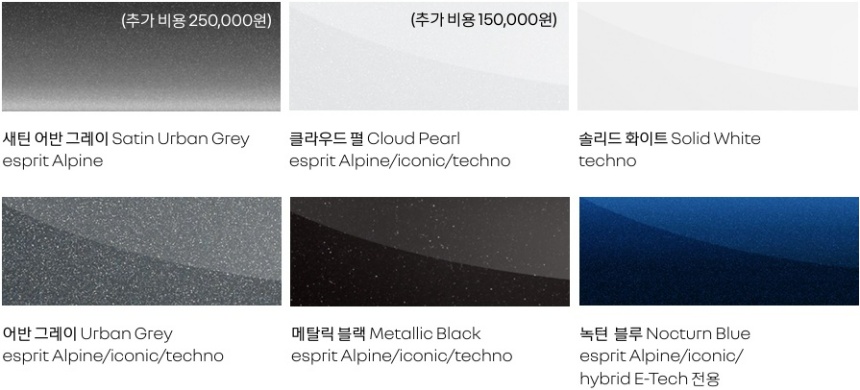 2026 아르카나 하이브리드 세틴 어반 그레이, 클라우드 펄, 솔리드 화이트, 어반 그레이, 메탈릭 블랙, 녹턴 블루 외장 컬러