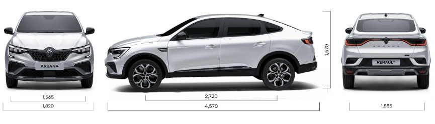 2026 아르카나 하이브리드 전장, 전폭, 전고, 축거, 윤거 전후 제원
