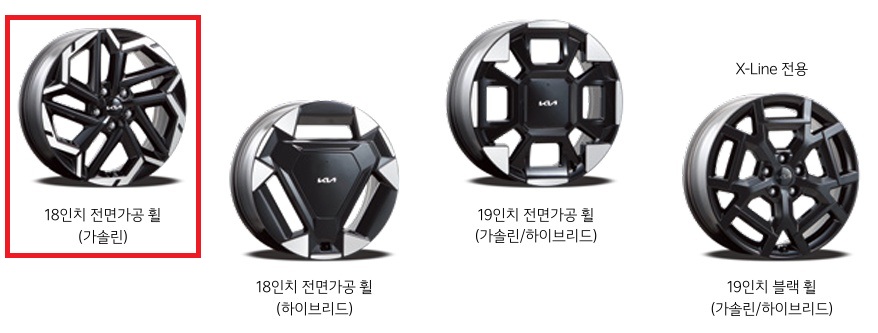 2026 카니발 3.5 가솔린, 하이브리드 18인치 전면가공 휠, 19인치 전면 가공 휠, 19인치 블랙 휠 디자인