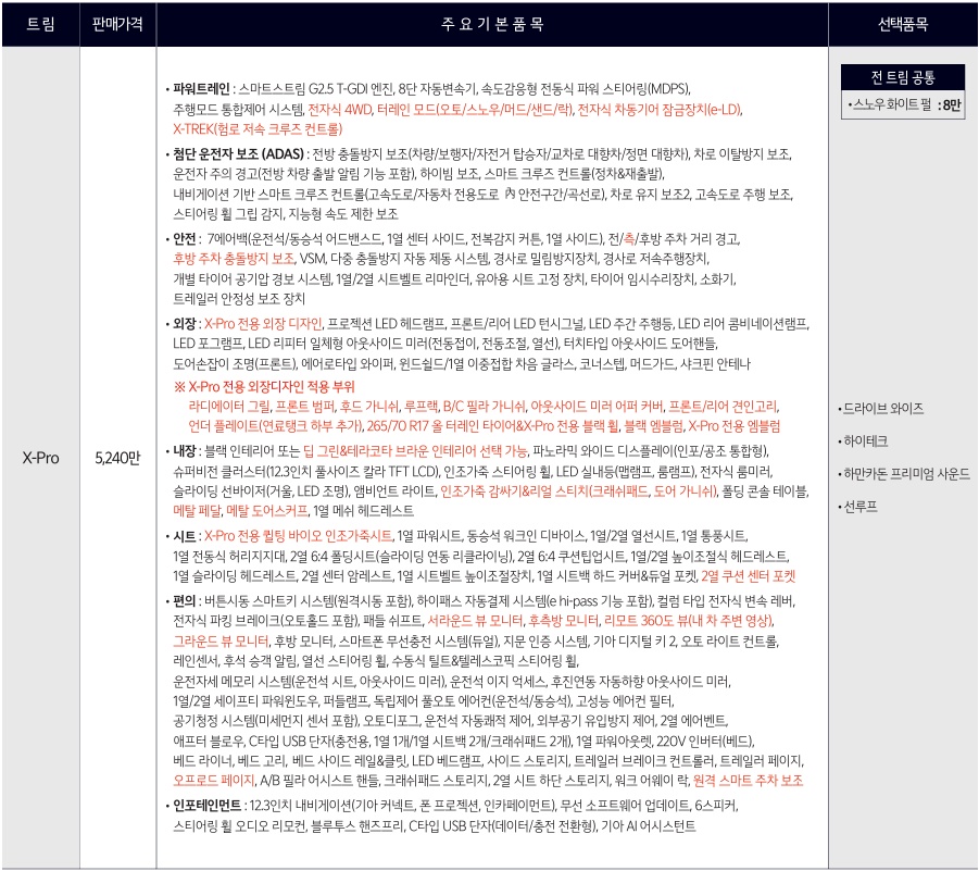 타스만 X-Pro 가격표