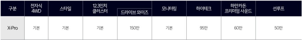 타스만 X-Pro 선택 품목 가격표