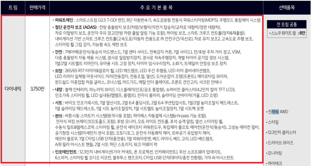 타스만 다이내믹 가격표