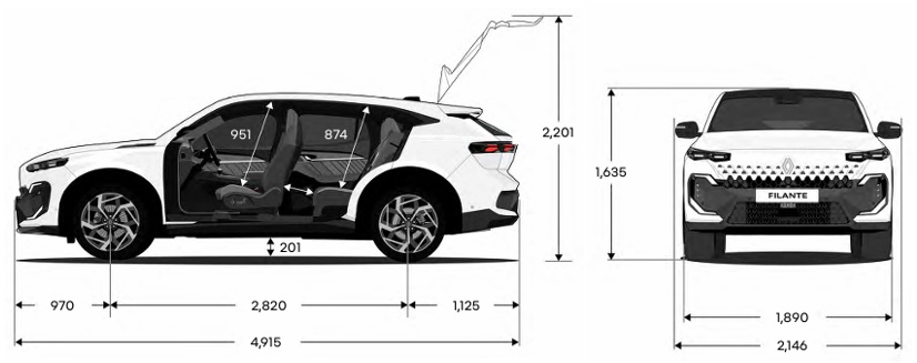 필랑트 하이브리드 전장, 전폭, 전고, 축거, 윤거 전후 제원