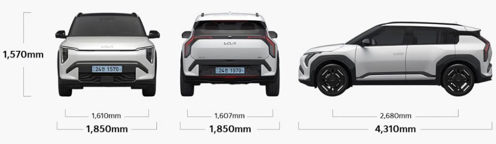 2026 EV3 GT-Line 전장, 전폭, 전고, 축거, 윤거 전후 제원