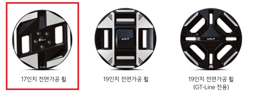 2026 EV3 17인치 전면가공 휠, 19인치 전면가공 휠, GT-line 전용 19인치 전면가공 휠 디자인