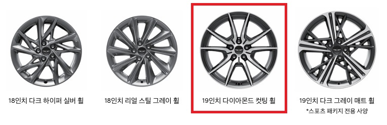 2026 G70 18인치 다크 하이퍼 실버 휠, 18인치 리얼 스틸 그레이 휠, 19인치 다이아몬드 컷팅 휠, 19인치 다크 그레이 매트 휠 디자인