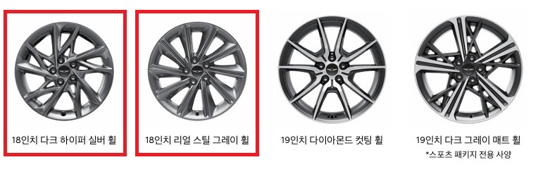 2026 G70 18인치 다크 하이퍼 실버 휠, 18인치 리얼 스틸 그레이 휠, 19인치 다이아몬드 컷팅 휠, 19인치 다크 그레이 매트 휠 디자인