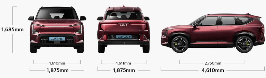 EV5 GT 전장, 전폭, 전고, 축거, 윤거 전후 제원