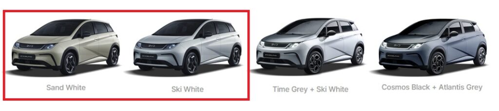 돌핀 샌드 화이트, 스키 화이트, 타임 그레이 + 스키 화이트, 코스모스 블랙 + 아틀란티스 그레이 외장 컬러