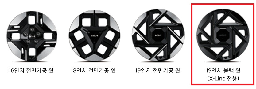 디 올 뉴 셀토스 16인치, 18인치, 19인치 전면가공 휠, X-Line 전용 19인치 블랙 휠 디자인