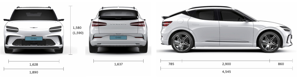 2027 GV60 전장, 전폭, 전고, 축거, 윤거 전후 제원