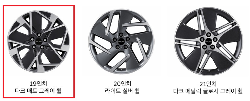 2027 GV60 19인치 다크 매트 그레이 휠, 20인치 라이트 실버 휠, 21인치 다크 메탈리 글로시 그레이 휠 디자인