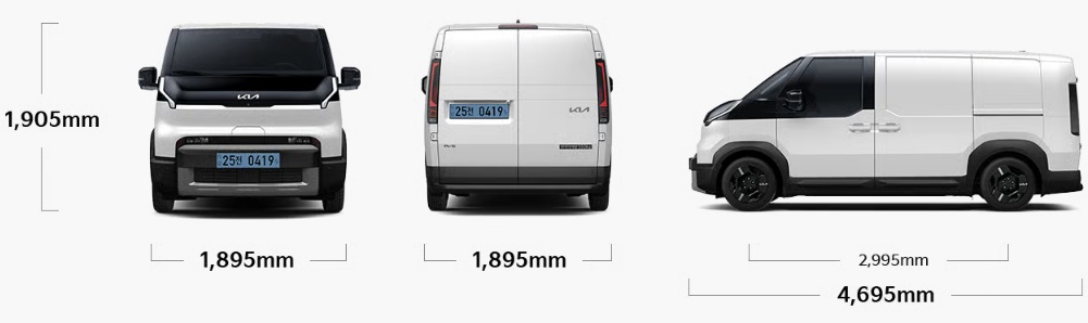 PV5 카고 롱 전장, 전폭, 전고, 축거, 윤거 전후 제원