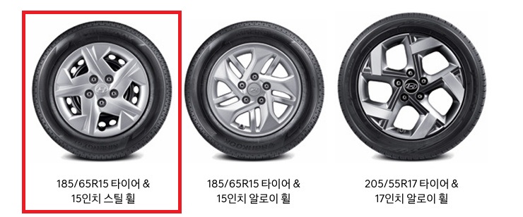 2025 베뉴 15인치 스틸 휠, 15인치 알로이 휠, 17인치 알로이 휠 디자인