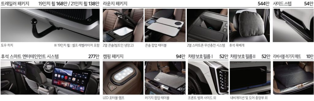 2026 EV9 트레일러 패키지, 라운지 패키지, 사이드 스텝, 후석 스마트 엔터테인먼트 시스템, 캠핑 패키지, 차량 보호 필름, 리버서블 러기지 매트 KIA Genuine Accessories
