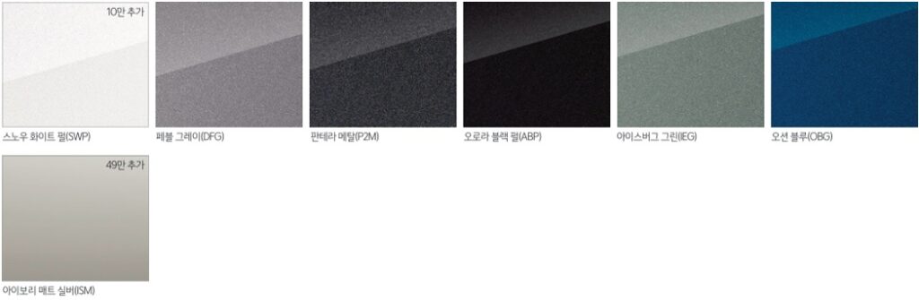 2026 EV9 스노우 화이트 펄, 페블 그레이, 판테라 메탈, 오로라 블랙 펄, 아이스버그 그린, 오션 블루, 아이보리 매트 실버 외장 컬러